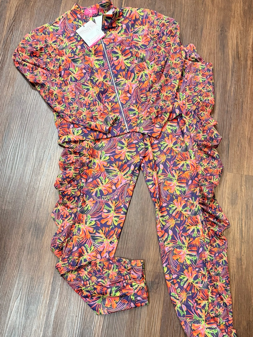 Sassy Jones Women's Neon Floral Ruffle Track Pants & Jacket Set - Pink/Orange
